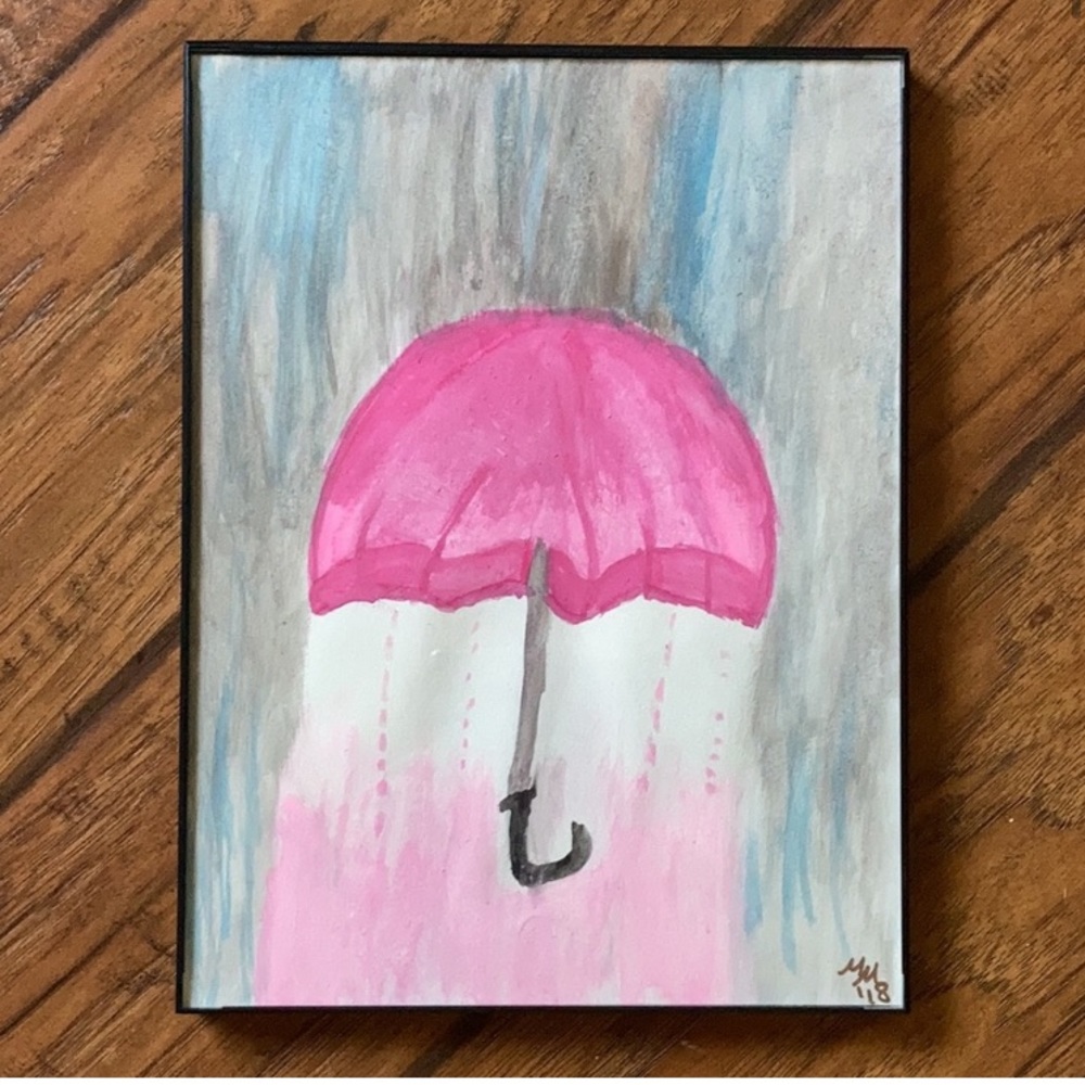 Pink umbrella art signed by artist grey sky handmade painting framed 9”x12”